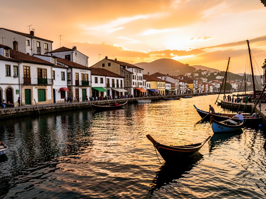 Boats on the Douro riverfront in Porto at sunset