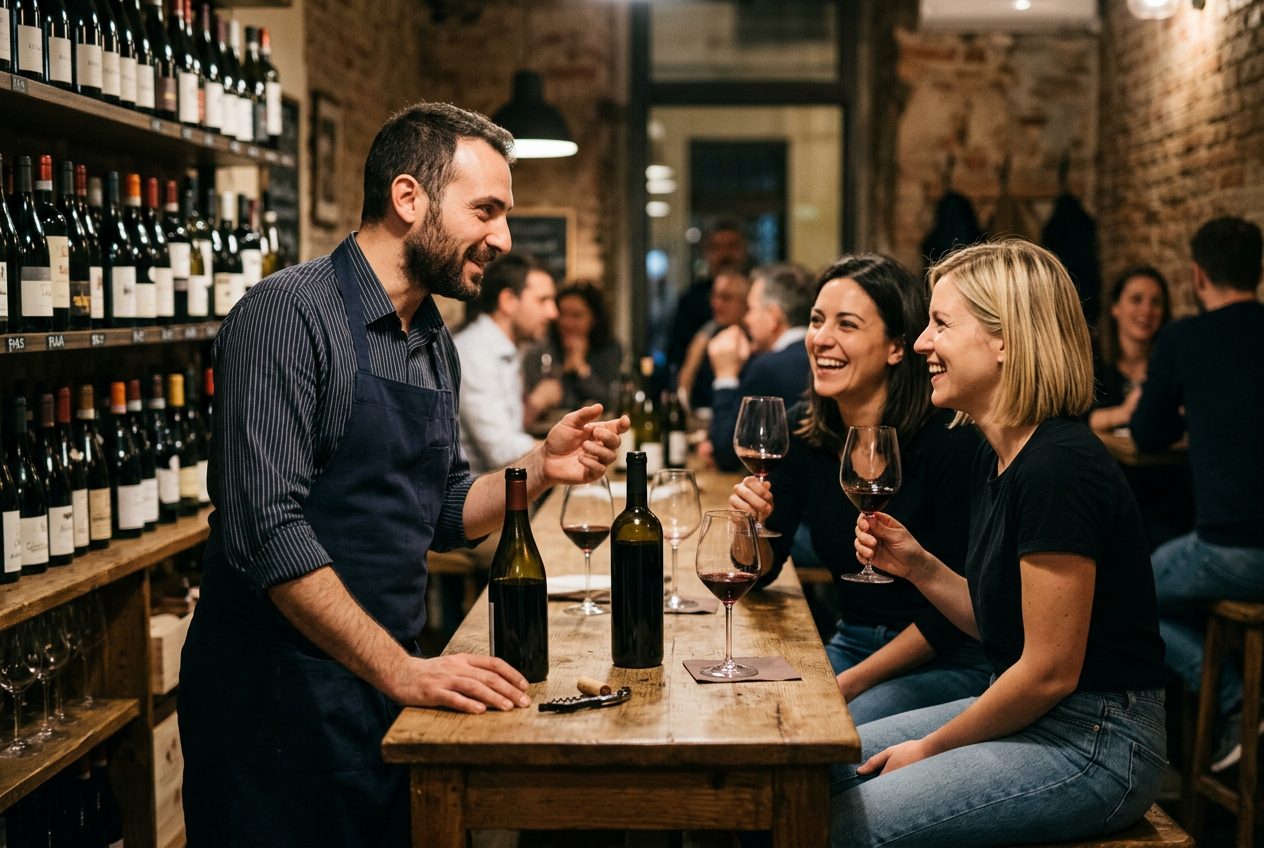 A host talking with two guests at a wine bar counter